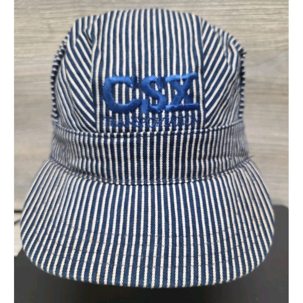 Vintage Style CSX Train Conductor Hat Blue Railroad Stripe Canvas Cotton Cap H2